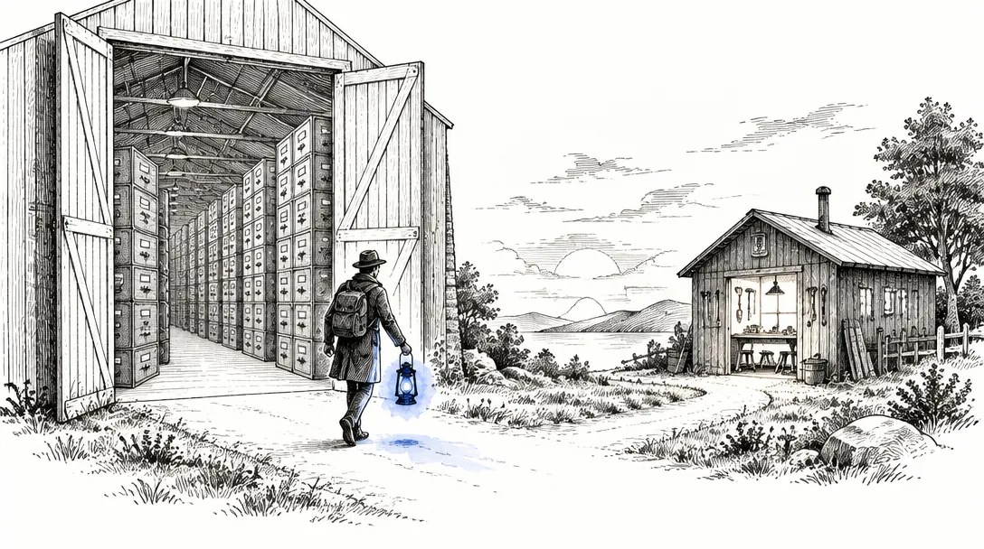 A traveler with a single lantern leaves a huge warehouse of filing cabinets and walks toward a small workshop with one lit window.
