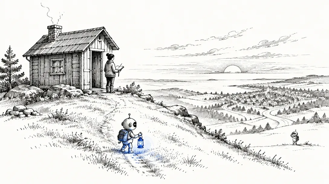 A person at a lone cabin with no paths leading to it holds an open logbook, watching a small robot visitor approach from far away.
