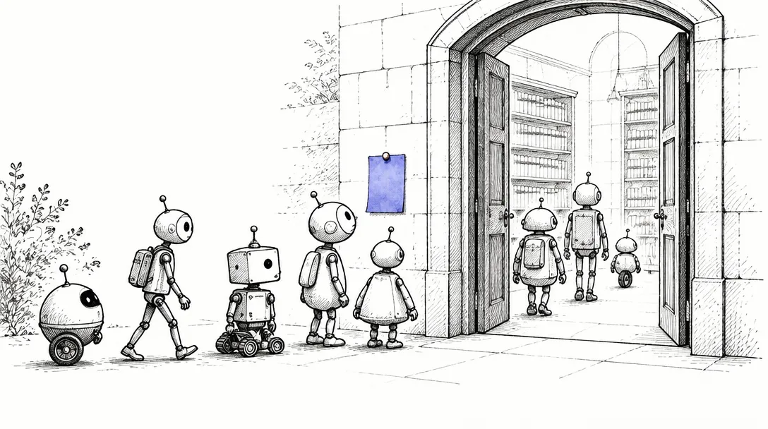 A small note pinned beside a doorway while many robotic visitors walk past it into the rooms behind.