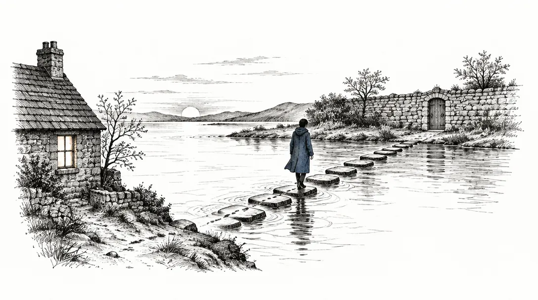 A lone traveler crosses a line of stepping stones over a wide stream, from a lit window on one bank to a small door on the other, with footprints fading behind them.