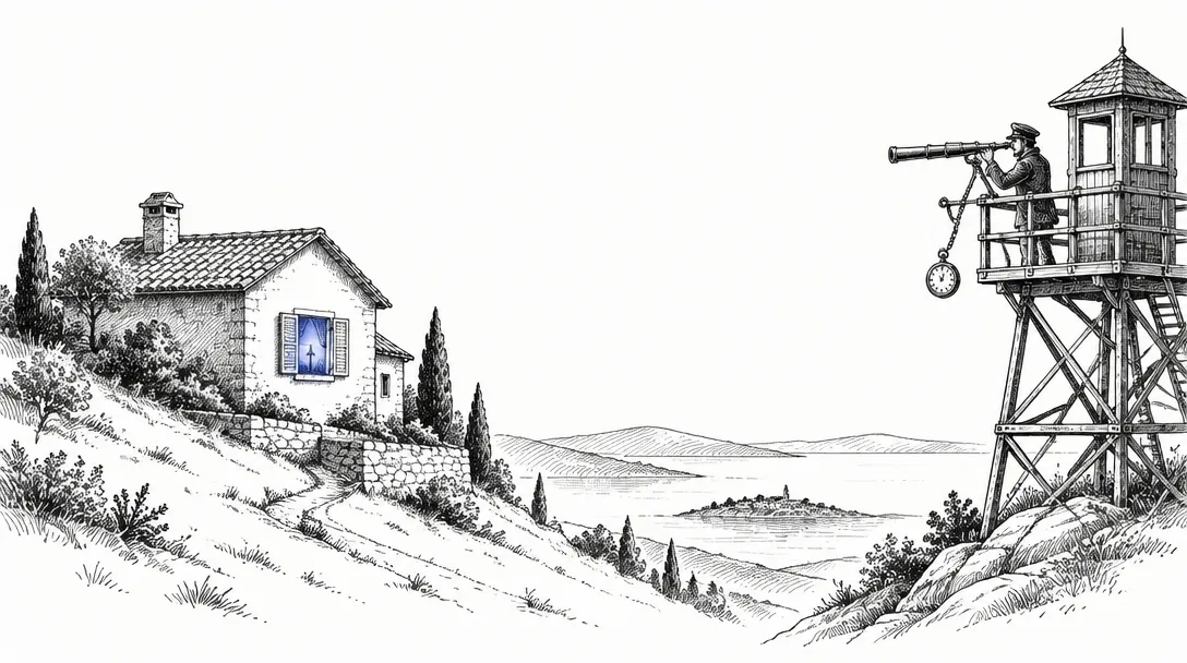 A small newly lit window on a hillside at dusk, with a lone watchtower keeper in the distance turning a telescope toward it and a pocket watch hanging on the tower rail.