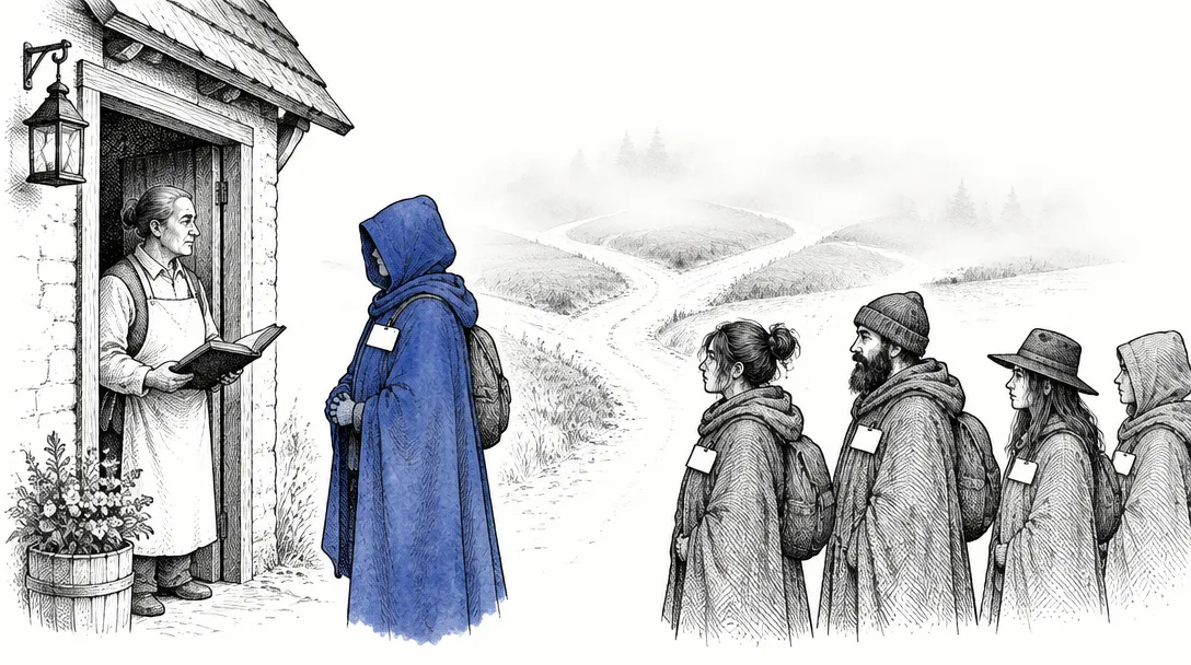 A figure at a door wearing a hand written name tag while a doorkeeper holds a ledger and cannot see where the visitor came from.