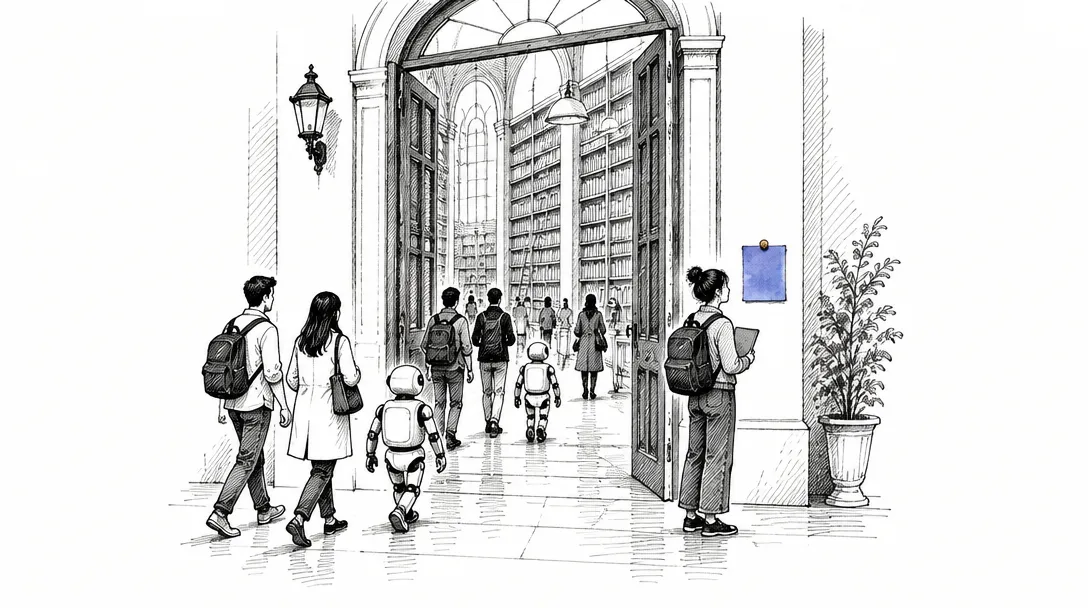 A small index card pinned beside the door of a large library while many visitors walk past it toward the shelves.