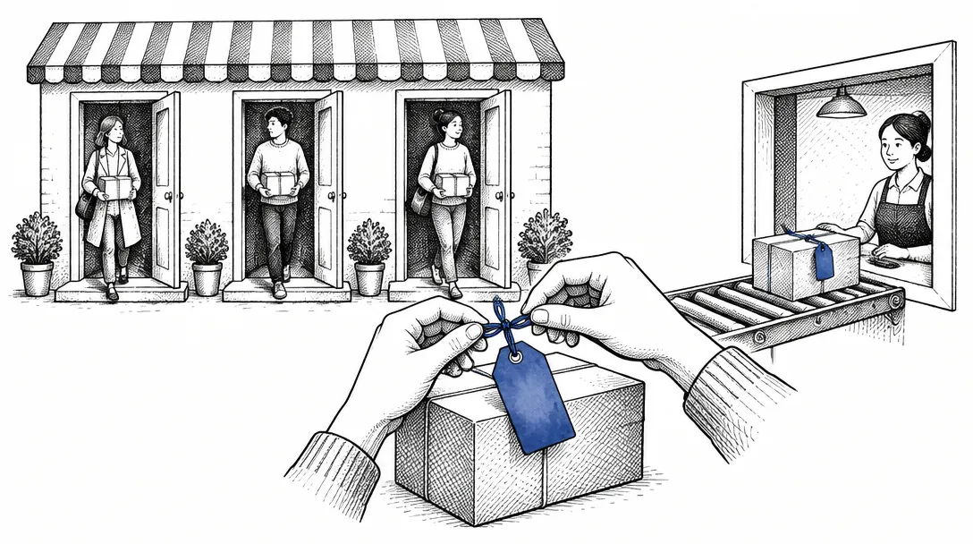 A paper tag tied to a parcel as it passes from a shop with several doors through a cashier window, showing a label attached at the moment of purchase staying with the order.