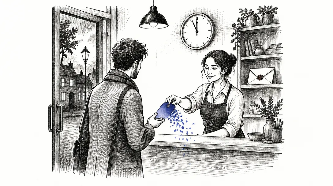 A small shopfront at dusk where a shopkeeper hands each visitor a paper tag that turns to confetti at midnight, with a separate sealed envelope on a shelf behind the counter.