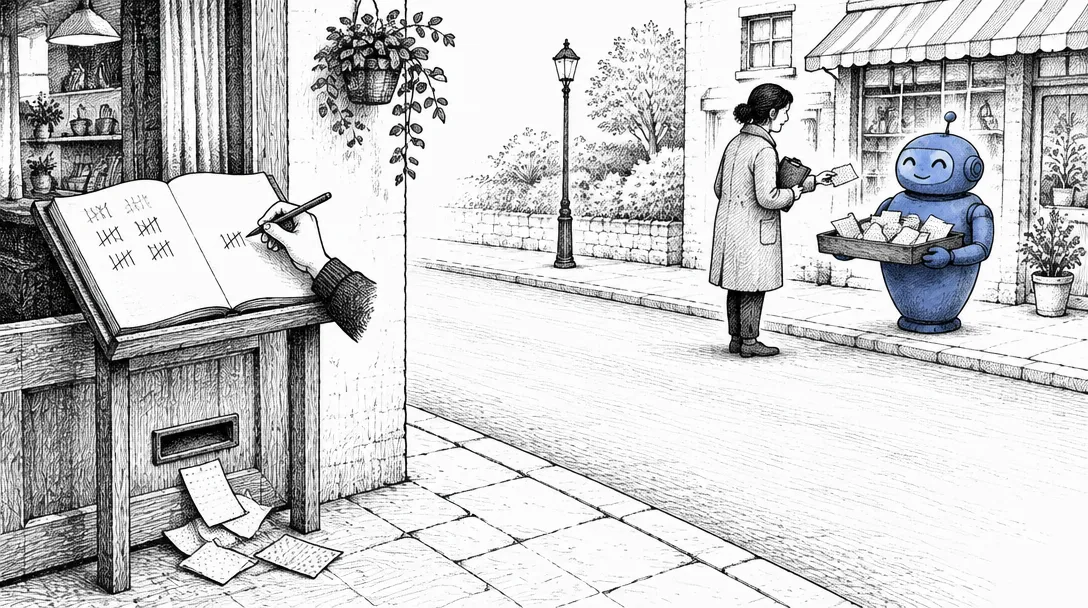 A shopkeeper's guest book at a door on one side of a street, and a figure with a clipboard questioning a friendly robot on the other side, illustrating counted visits versus sampled answers.