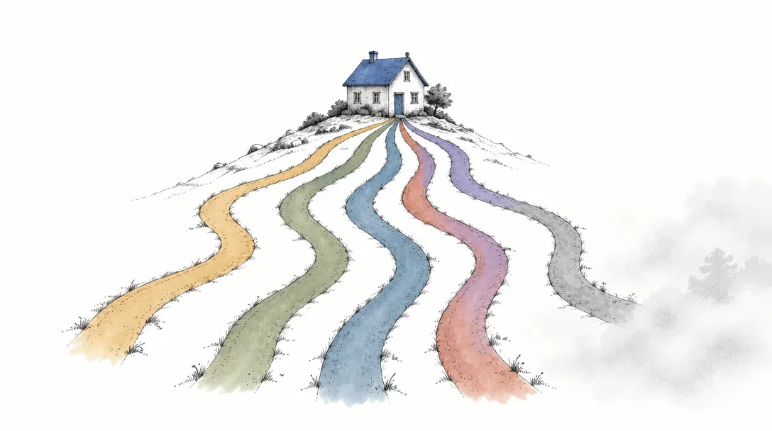 An abstract illustration of five labeled paths converging on one small house, with a sixth path arriving through fog with no label.