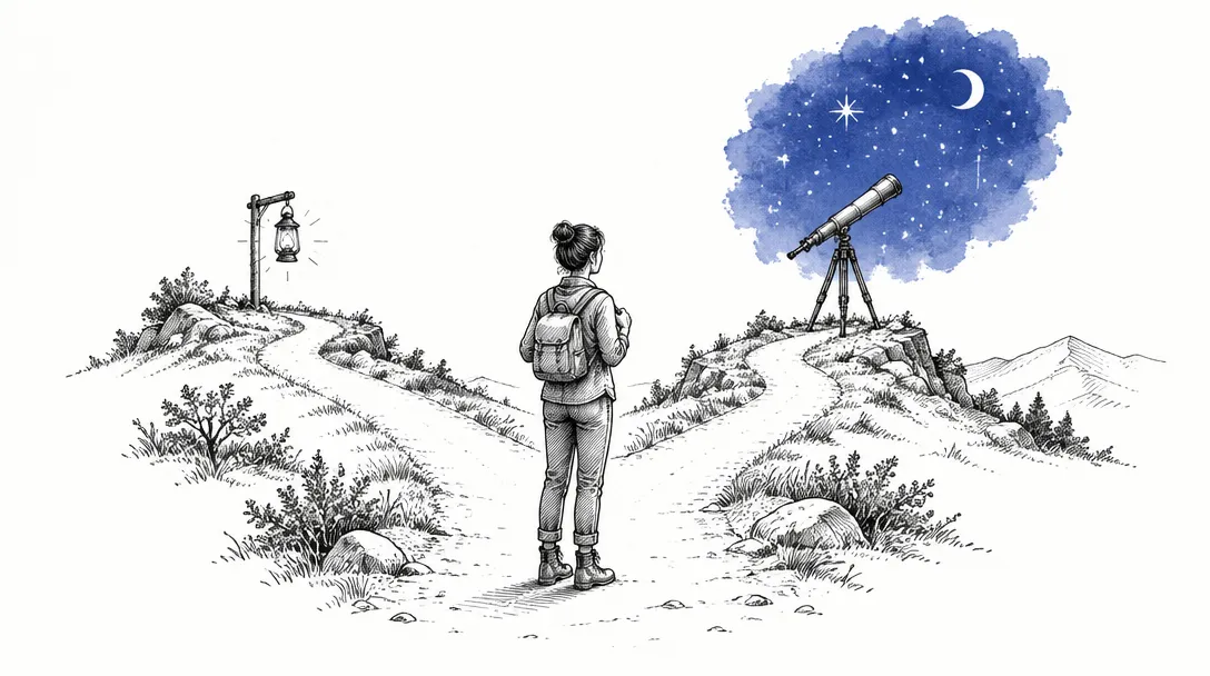 A person at a fork in a path, one branch ending at a small lantern and the other at a small brass telescope, each lit differently.