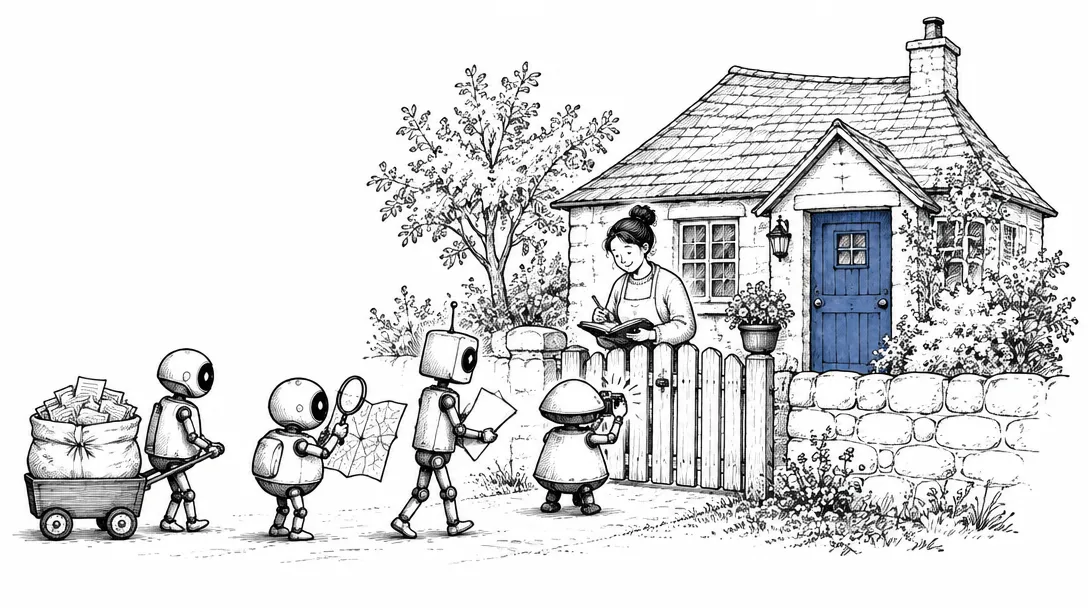 Four small robot visitors at the gate of a small website house, each carrying something different, while the owner checks a ledger at the door.